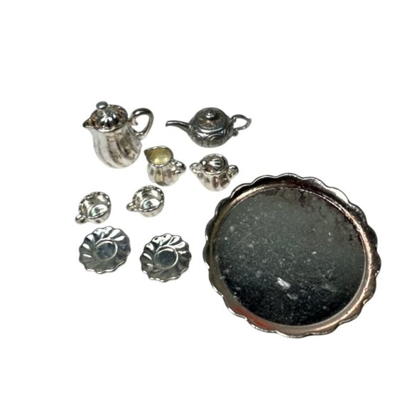 Dollhouse Miniature Silver Tea Service Tray Coffee Pot cup saucer cream sugar - Picture 2 of 4